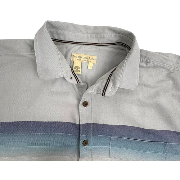 The Territory Ahead SS Shirt 100% Cotton Blue Ombre Stripe Heavyweight Outdoor L - Picture 2 of 14